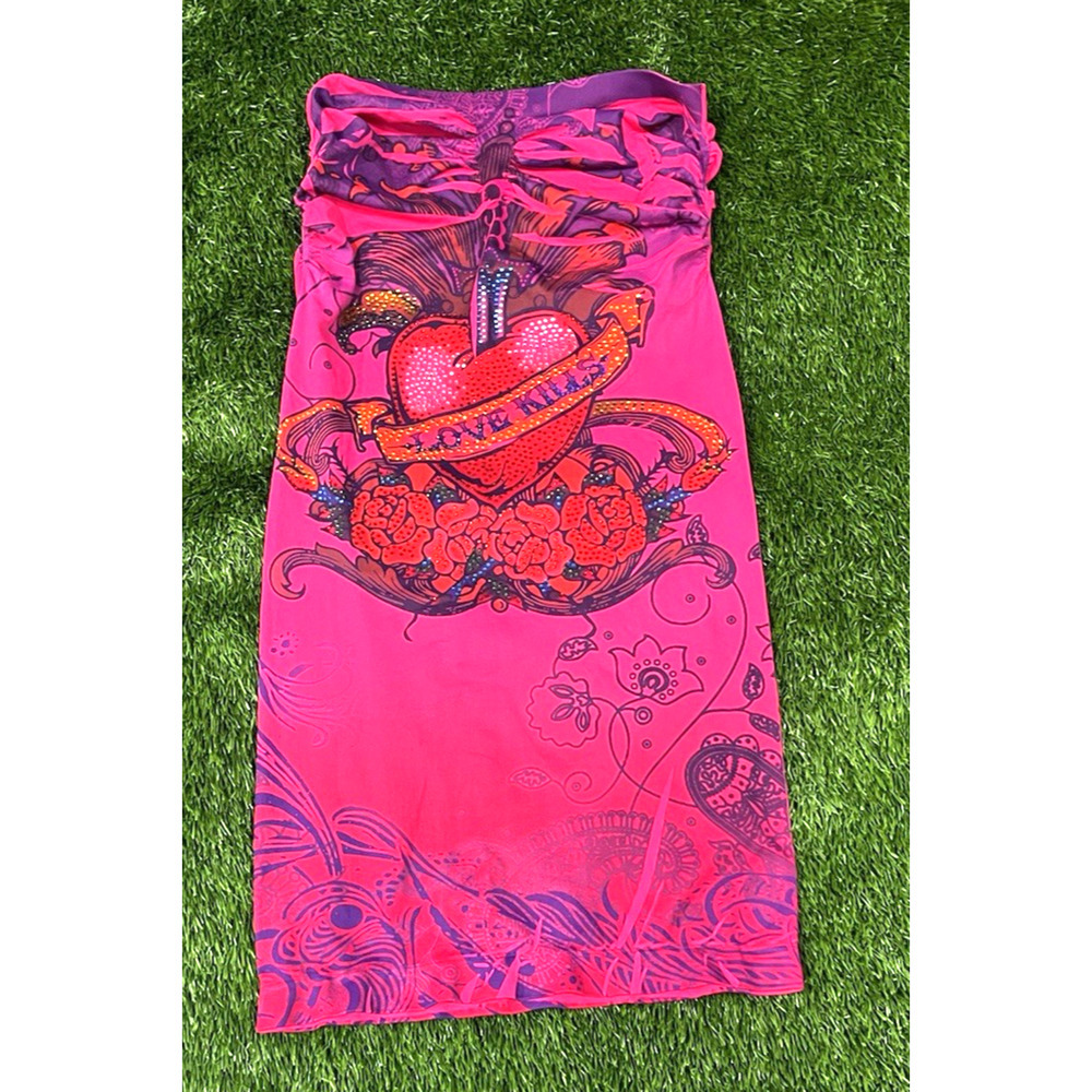 Knitro LOVE KILLS Rare Y2K Crystal Pink Tube Dress Made in USA One Size Clubwear - Picture 2 of 9